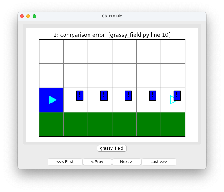 same world as above, with a comparison error. Exclamation marks on a blue background in the four squares to the right of the one blue square