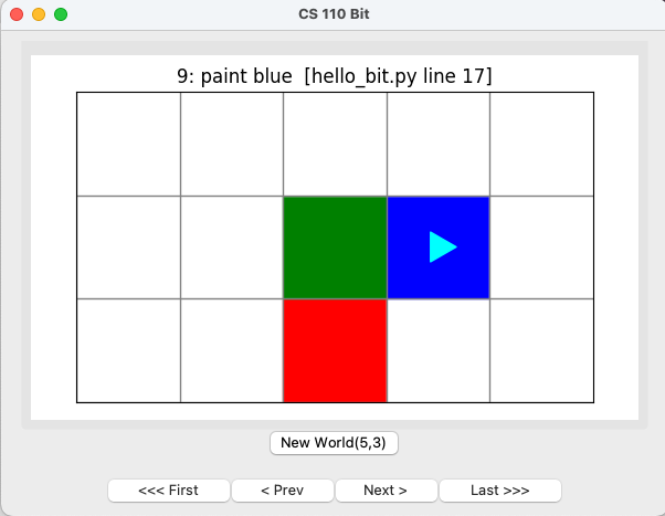 bit world with a red square in the middle column bottom row, a green square directly above, and a blue square to the right of the green