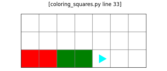 7 by 3 world with two red and two green squares in the bottom left, all in the bottom row