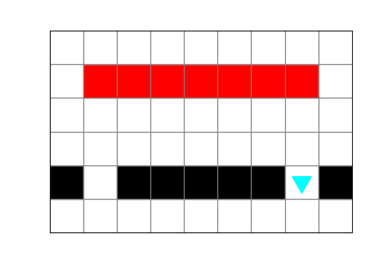 the two red squares now have a red row joining them, bit is in the right empty space on the same row as the black row