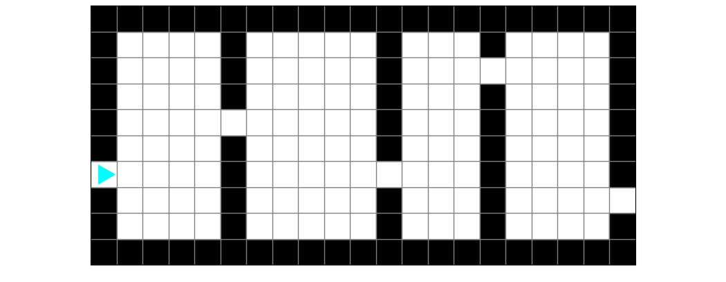 Four rectangular soccer fields, marked by black squares with an empty square leading to the next field. Bit starts in an empty square on the left.