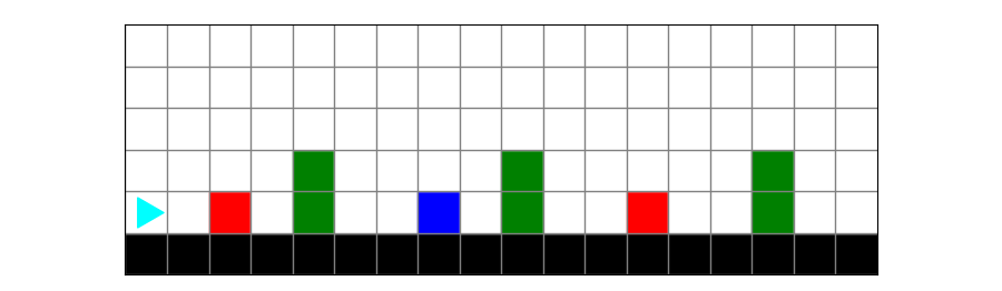 a world with a colored square then 2 green squares stacked vertically, repeated 3 times with varied spacing