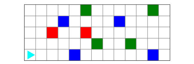 incomplete lines in each row, with the starting and ending squares already colored, but the middle squares white. Bit starts on the bottom left